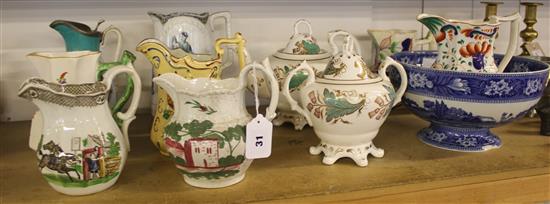 Group of 19th c pottery jugs and a Wedgwood Fallow deer bowl